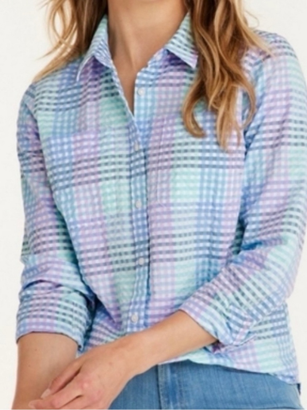 L.L. Bean Pastel Plaid Button-Down Shirt in Blue, Purple & Mint
